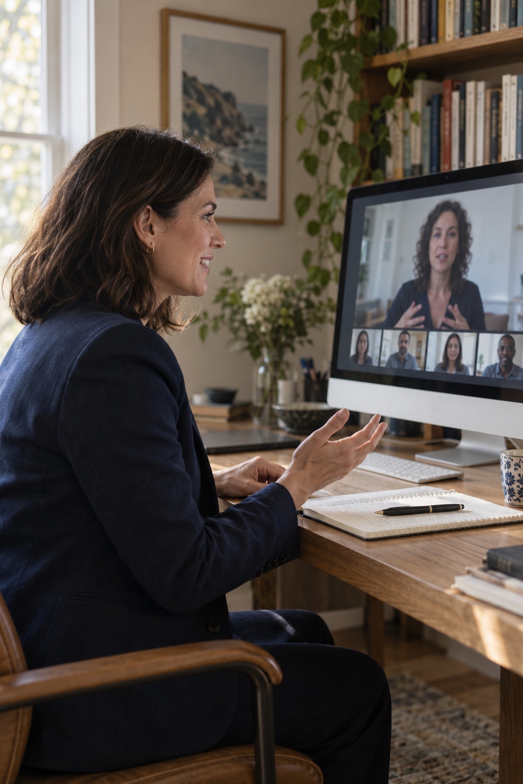 A clinician at her desk speaking with a presenter and other participants during a live online training session.